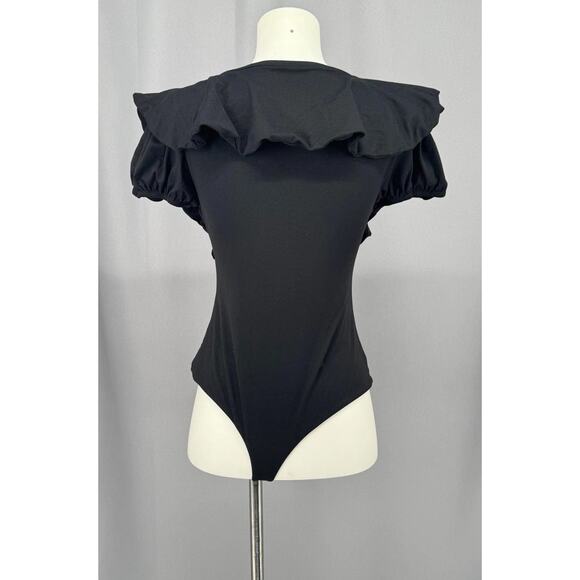 Susana Monaco Bodysuit Womens Medium Black Ruffle Deep V Puff Sleeve Made USA - Picture 3 of 8